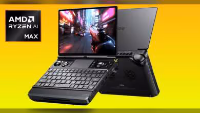 GPD WIN Max 3 avec écran luminescent et fond jaune vibrant, forte présence visuelle