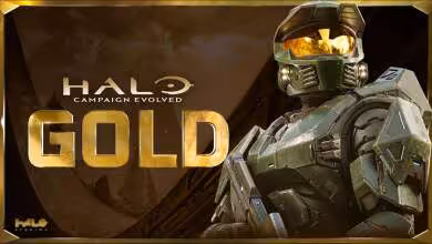 Visuel promotionnel Halo Campaign Evolved avec Master Chief et logo GOLD en lettres dorées, fond sombre militariste