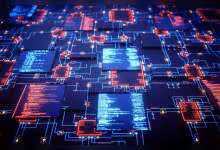 Illustration de puces IA sur circuit imprimé bleu, réseaux lumineux rouges et composants électroniques stylisés