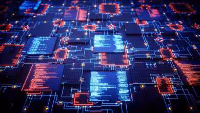 Illustration de puces IA sur circuit imprimé bleu, réseaux lumineux rouges et composants électroniques stylisés