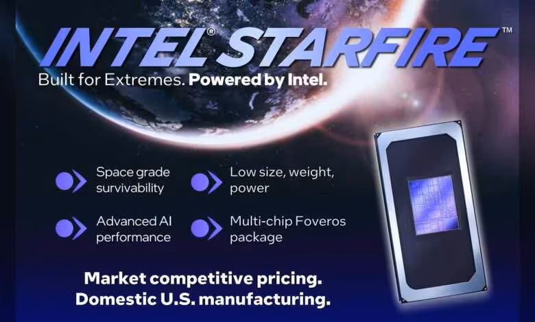 Intel 18A : les puces Starfire visent l'orbite avec jusqu'à 75 TOPS et 35 W 1 Visuel Intel Starfire avec puce illustrée, slogan Built for Extremes et mise en avant du multi-chip Foveros.