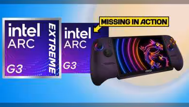 Logo Intel Arc G3 Extreme et console avec graphismes colorés fond dégradé bleu