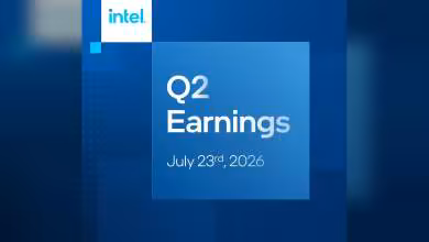 Diapositive Intel Q2 Earnings 2026 avec date du 23 juillet 2026, fond bleu et logo Intel.