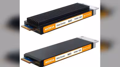 SSD Kioxia NX1 E1.S NVMe PCIe 5.0 pour data center avec dissipateur noir et connecteur edge