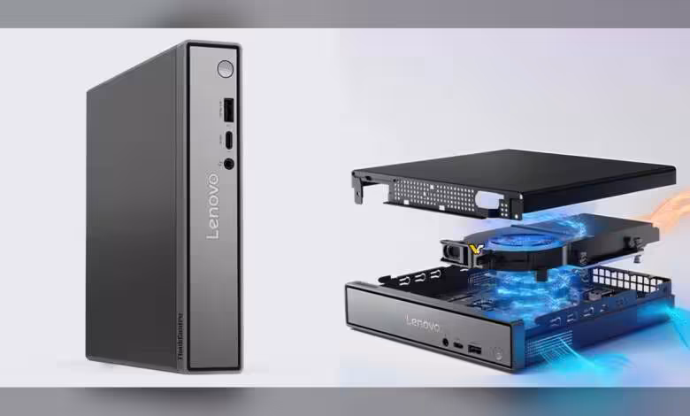 ThinkCentre neo 50q Gen 6 : mini PC Lenovo Lunar Lake dès 1 179 $ avec 16 Go fixes 1 Lenovo Lunar Lake 1L Desktop avec composants internes visibles, éclairage bleu vif, fond neutre