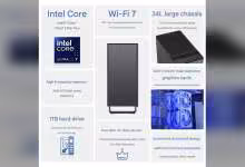 Capture détails Lenovo ThinkCentre X Tower avec boîtier, logos et spécifications textuelles