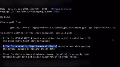 Capture email demande pull Linux 7.2 pour correctifs SEGA Dreamcast et pilotes Maple