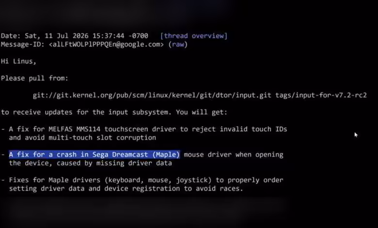 Capture email demande pull Linux 7.2 pour correctifs SEGA Dreamcast et pilotes Maple