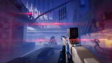 Capture FPS de Marathon avec personnage armé dans un environnement futuriste bleu et rouge