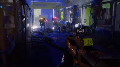 Capture du jeu Marathon montrant un fusil futuriste, ennemis lumineux et couloir sci-fi sombre avec interfaces holographiques