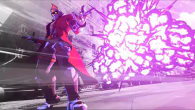 Personnage Marvel Tōkon: Fighting Souls lançant une attaque violette en combat, capture de gameplay stylisée
