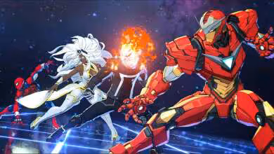 Illustration Marvel Tokon avec deux personnages de combat en action sur fond spatial stylisé