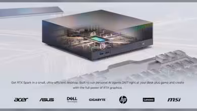 Ordinateur de bureau compact avec processeur MediaTek et RTX, logos Acer, ASUS, Dell, Gigabyte, HP, Lenovo, MSI.