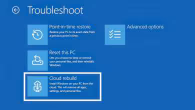 Capture écran de l'interface de restauration de Windows 11 avec option Cloud Rebuild.