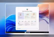 Interface utilisateur Windows avec éléments colorés et menu centralisé sur fond clair