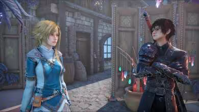 Scène de jeu vidéo fantasy avec deux personnages en armure dans une ruelle médiévale éclairée