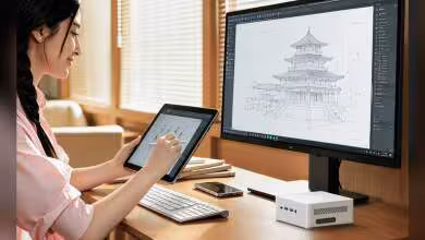 Femme dessinant sur tablette graphique avec mini PC blanc sur bureau, écran montrant un croquis architectural