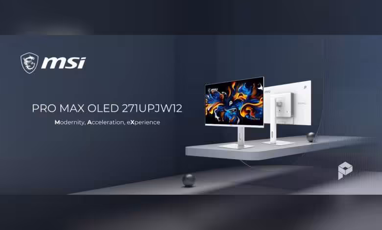 MSI PRO MAX OLED 271UPJW12 : le premier moniteur 27 pouces 4K IJP OLED arrive 1 Moniteur MSI PRO MAX OLED 271UPJW12 blanc affiché de face et de dos sur fond gris foncé