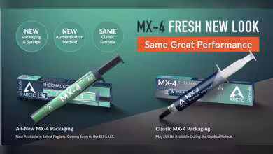 ARCTIC MX-4 ancienne et nouvelle seringue pâte thermique, emballage modernisé, design bleu et vert, logo ARCTIC