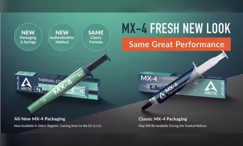 MX-4 : ARCTIC modernise l’emballage et la seringue sans toucher à la formule 1 ARCTIC MX-4 ancienne et nouvelle seringue pâte thermique, emballage modernisé, design bleu et vert, logo ARCTIC