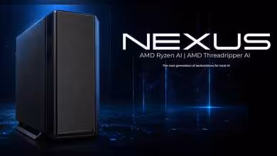 Boîtier tour Slimbook Nexus AI Workstation avec panneau avant sobre sur fond sombre