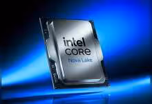 Processeur Intel Core Nova Lake sur fond bleu, boîtier métallique avec marquage Intel Core visible
