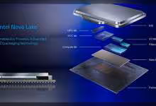 Schéma Intel Nova Lake montrant une puce CPU empilée en 3D avec tuiles compute, I/O et base tile