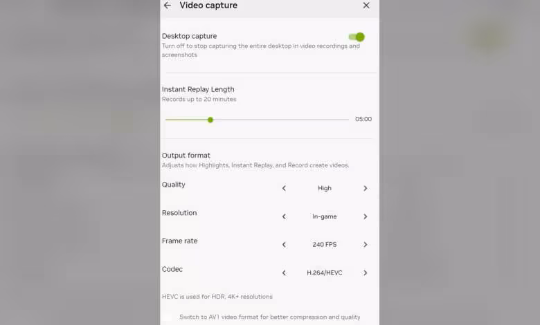 ShadowPlay 240 FPS : NVIDIA étend l'enregistrement haute cadence aux GeForce RTX 40/50 1 Capture d'écran des paramètres de capture vidéo avec options de qualité, résolution et format de sortie.