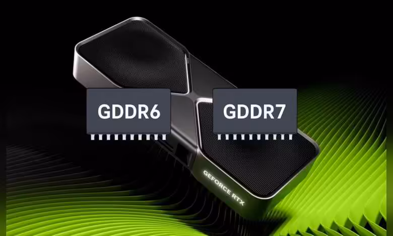 NVIDIA RTX : la hausse du prix de la GDDR6 et GDDR7 menace aussi les anciennes GeForce 1 Puces mémoire GDDR6 et GDDR7 posées sur une carte graphique NVIDIA GeForce RTX stylisée verte et noire