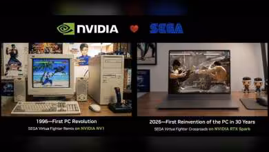 Comparaison écran 1996 et 2026, léger contraste avec texte, SEGA et NVIDIA logos