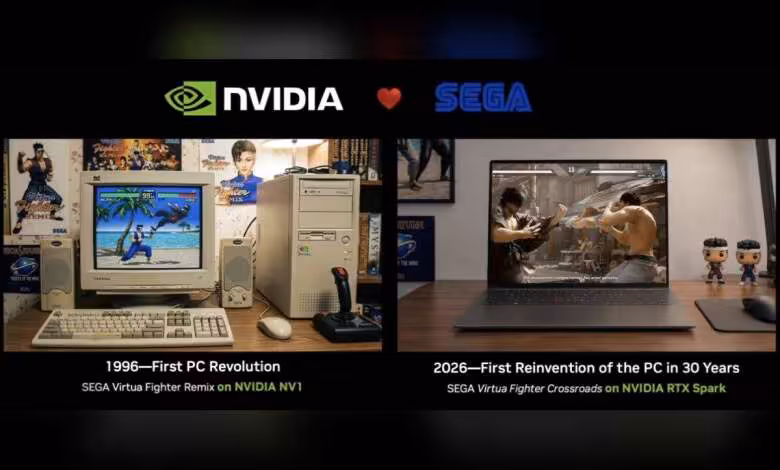 RTX Spark : SEGA promet ses jeux sur PC Arm de NVIDIA, avec Virtua Fighter Crossroads 1 Comparaison écran 1996 et 2026, léger contraste avec texte, SEGA et NVIDIA logos
