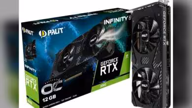 Packaging Palit GeForce RTX 3060 avec couleurs vives et fond noir contrasté