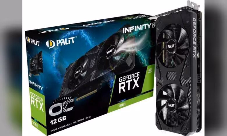 RTX 3060 : PALIT relance la carte avec une nouvelle Infinity 2 OC en 12 Go GDDR6 1 Packaging Palit GeForce RTX 3060 avec couleurs vives et fond noir contrasté