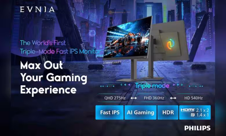 Philips Evnia 27M4N5500PT : un écran triple mode qui monte jusqu’à 540 Hz 1 Moniteur gaming Philips Evnia 27M4N5500PT, écran Fast IPS, triple mode QHD 275 Hz, FHD 360 Hz, HD 540 Hz