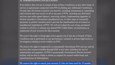 Capture d'écran des conditions d'utilisation PlayStation pour la résiliation de compte après 18 mois d'inactivité.