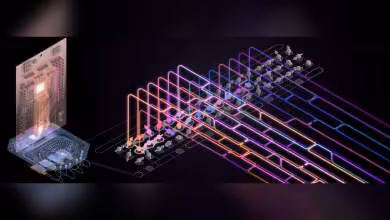 Schéma illustré d’un processeur quantique en silicium avec circuits et faisceaux lumineux colorés