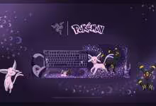 Ensemble clavier et accessoires Razer Pokémon Espeon et Umbreon, vue produit complète sur fond violet
