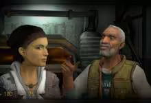 Scène de jeu Half-Life 2 montrant deux personnages discutant dans un environnement industriel sombre.
