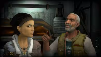 Scène de jeu Half-Life 2 montrant deux personnages discutant dans un environnement industriel sombre.