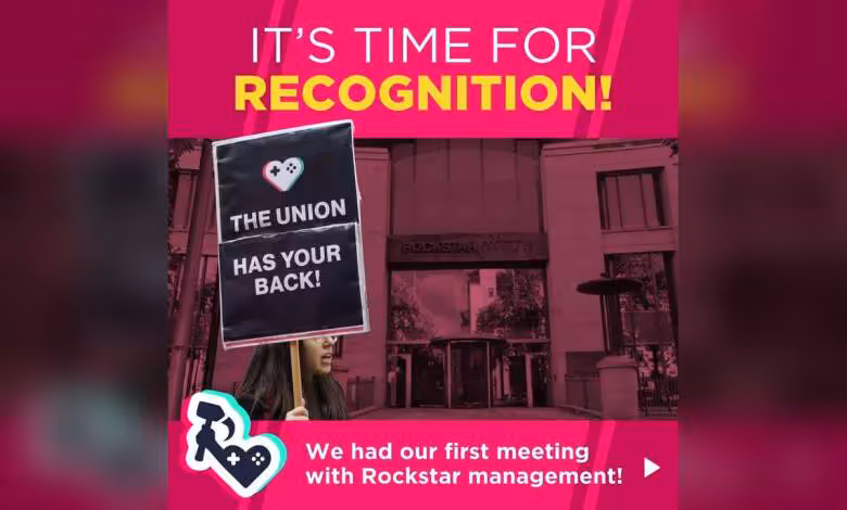 Rockstar Game Workers Union obtient une première réunion officielle avant GTA VI 1 Affiche syndicale rose devant le siège de Rockstar, avec pancarte « The union has your back »