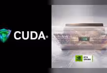 Graphique RTX Spark et logo CUDA avec fond sombre, carte graphique en bas à droite.