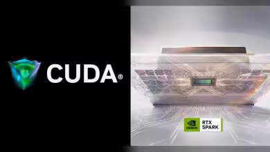 Graphique RTX Spark et logo CUDA avec fond sombre, carte graphique en bas à droite.