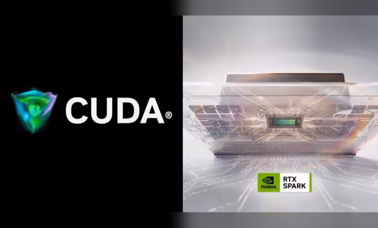 CUDA Arm64 sur Windows : NVIDIA publie un premier kit natif pour les PC RTX Spark 1 Graphique RTX Spark et logo CUDA avec fond sombre, carte graphique en bas à droite.