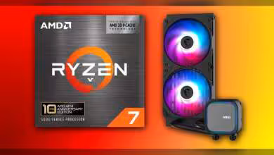 Packaging AMD Ryzen 7 5800X3D Anniversary avec éclairage RGB fond orange vif
