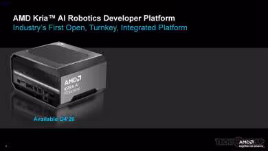 AMD Kria AI Robotics Developer Platform, boîtier compact noir avec logo AMD Kria AI Robotics.