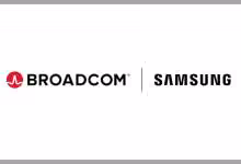 Logos Broadcom et Samsung sur fond blanc, séparés par une ligne verticale grise