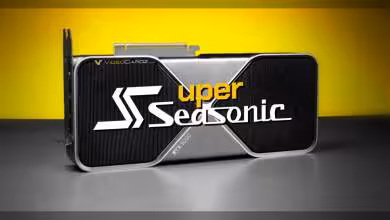 Carte graphique RTX 5080 SUPER avec logo Seasonic, contraste élevé, fond jaune vif