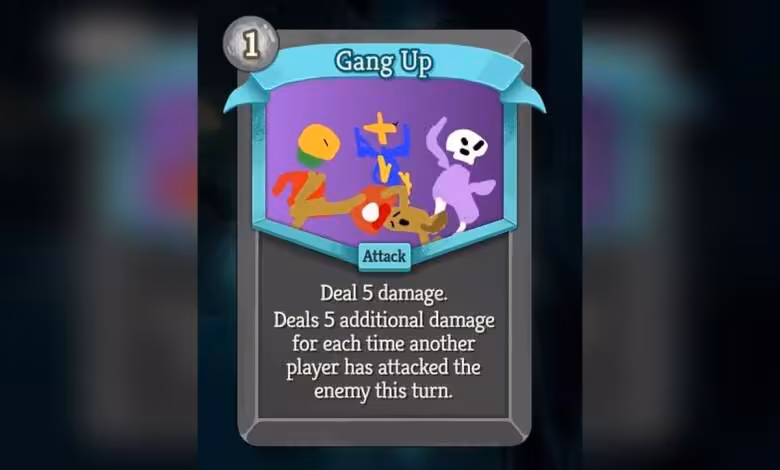 Slay the Spire 2 : pourquoi Mega Crit a préféré des gribouillis à l’IA en accès anticipé 1 Carte Slay the Spire 2 Gang Up, carte d’attaque coût 1, inflige 5 dégâts avec condition multi-attaques.