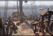 Pont de navire à l’ambiance sombre, vue mer, tiré d’un jeu d’aventure maritime