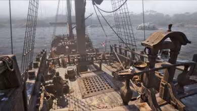 Pont de navire à l’ambiance sombre, vue mer, tiré d’un jeu d’aventure maritime